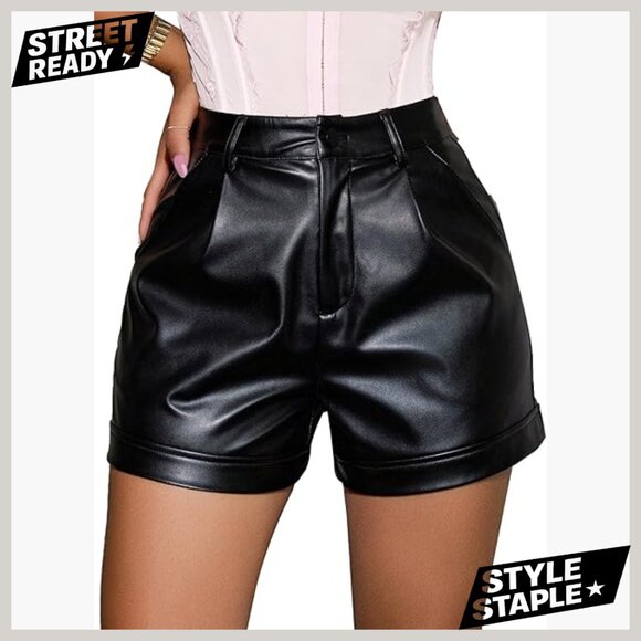 Faux Leather High Waisted Pleated Shorts Regular Fit Casual Summer